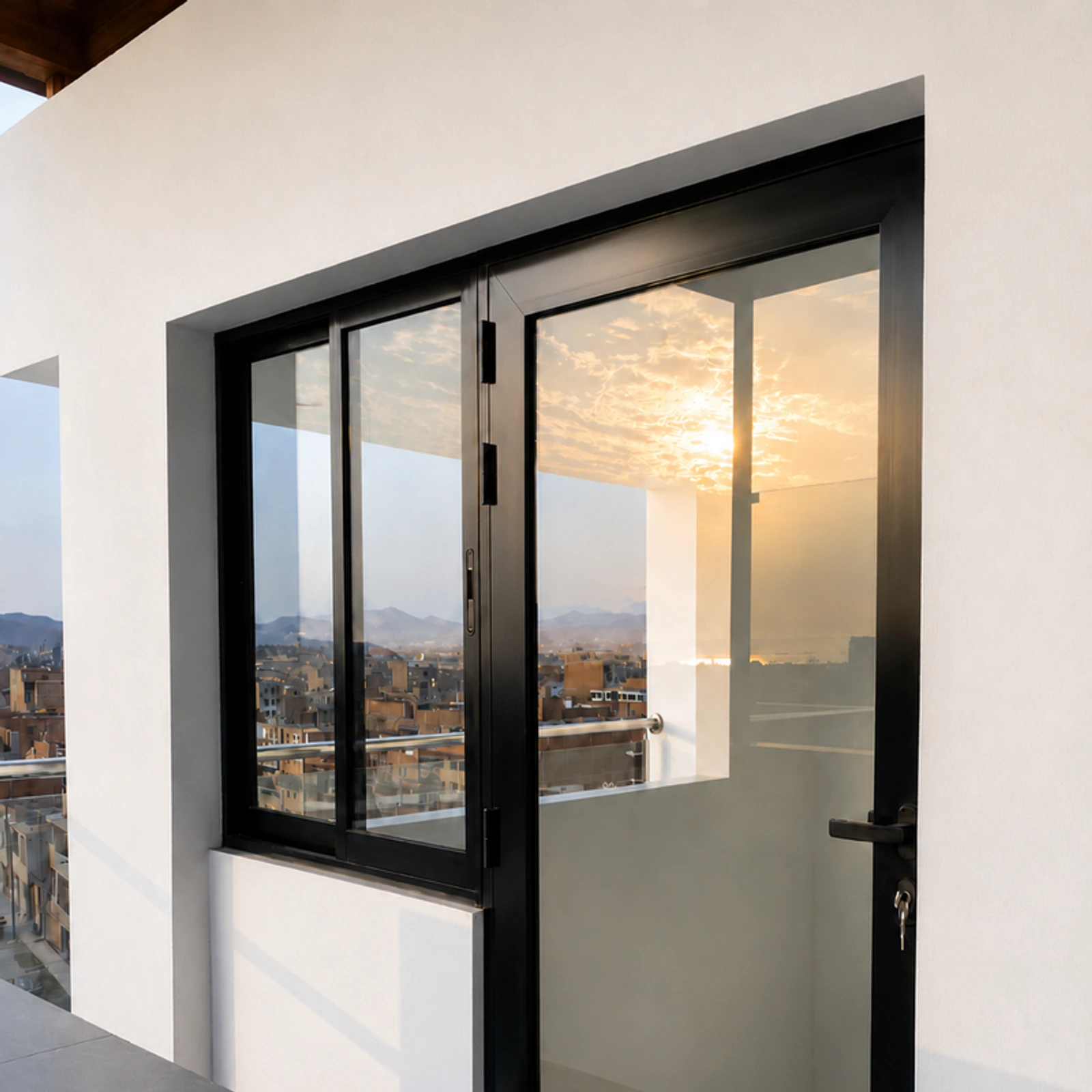 Puerta de aluminio negro de dos hojas abierta, con vista a la ciudad al atardecer