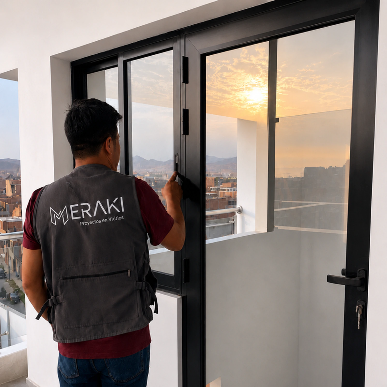 Técnico de Meraki comprobando el cierre de una puerta de aluminio negro