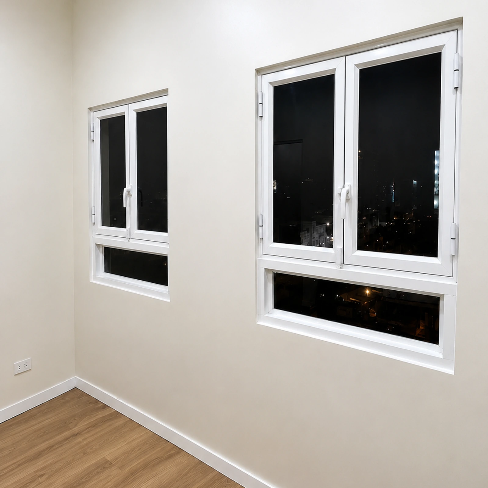 Ventanas batientes de aluminio blanco en la esquina de una habitación