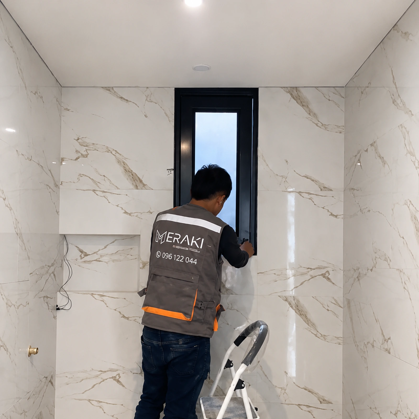 Técnico de Meraki instalando una ventana pivotante en un baño revestido de mármol